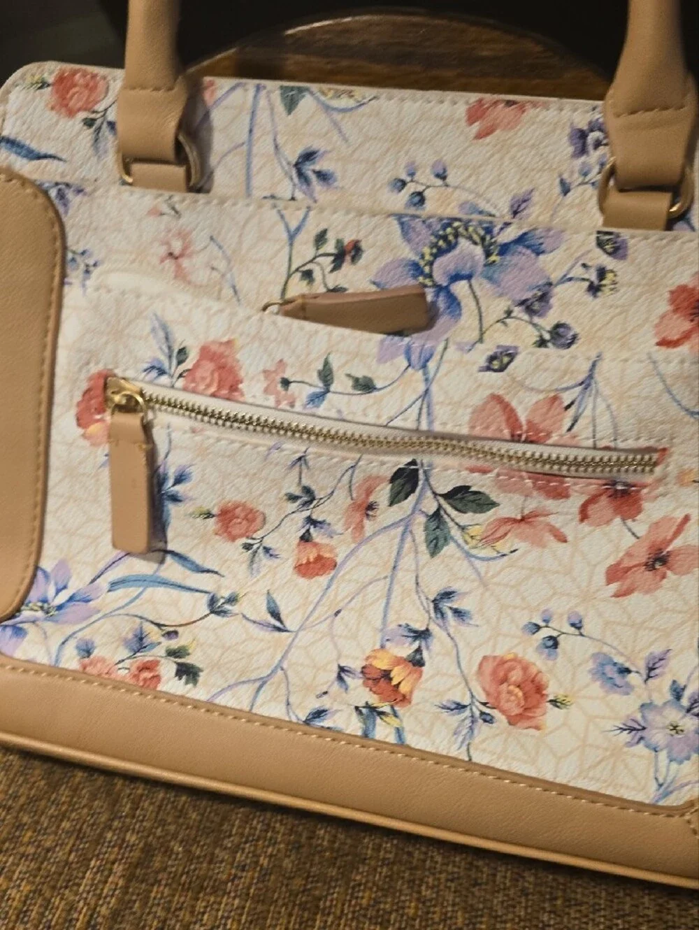Floral Print Satchel Bag with Tan Trim
